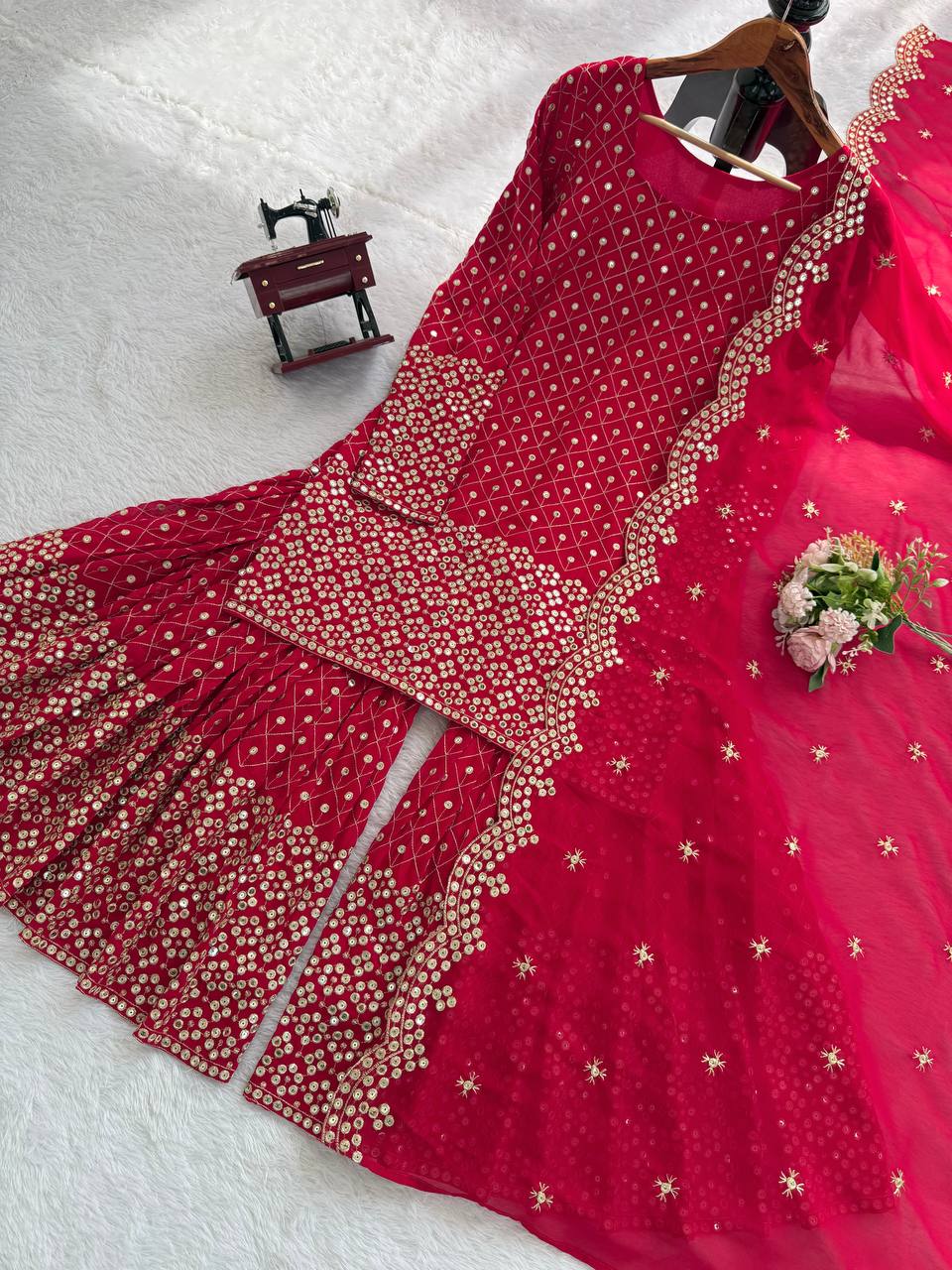 Pretty Red Color Thread Work Georgette Sharara Suit