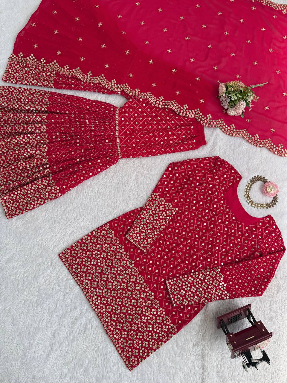 Pretty Red Color Thread Work Georgette Sharara Suit