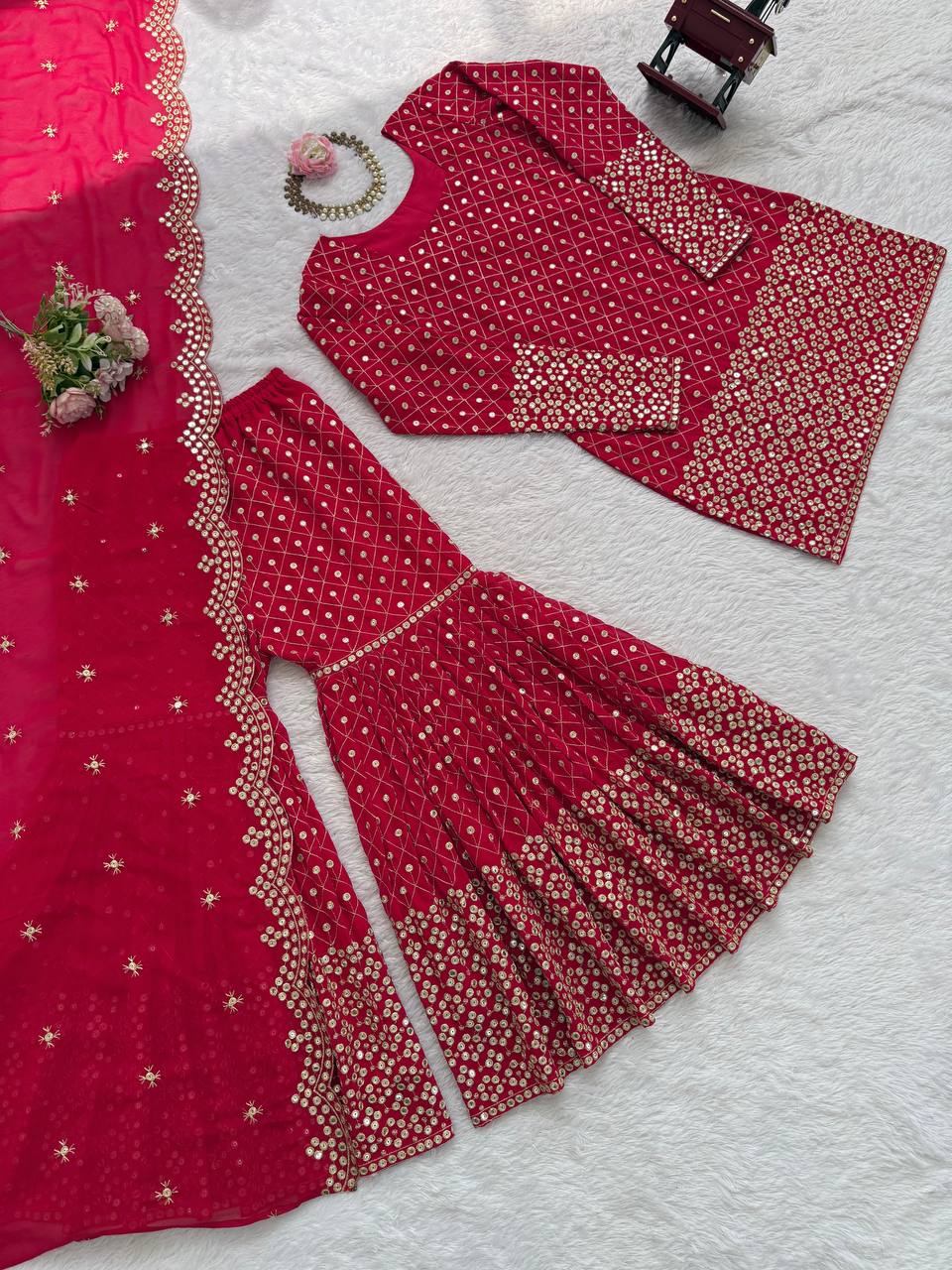 Pretty Red Color Thread Work Georgette Sharara Suit