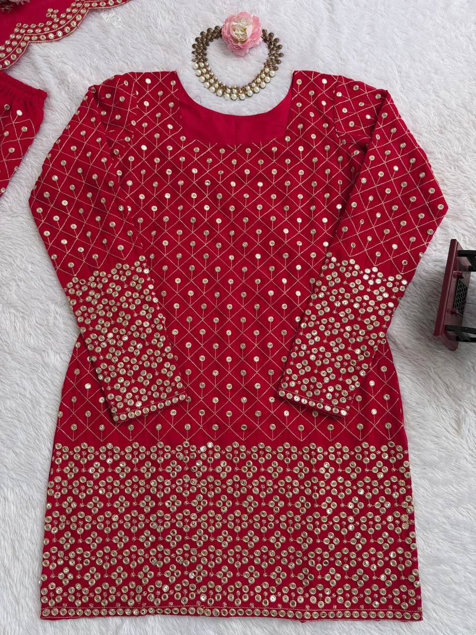 Pretty Red Color Thread Work Georgette Sharara Suit