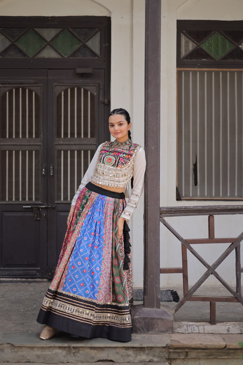 White Color Choli With Multi Color Lehenga For Navratri Wear