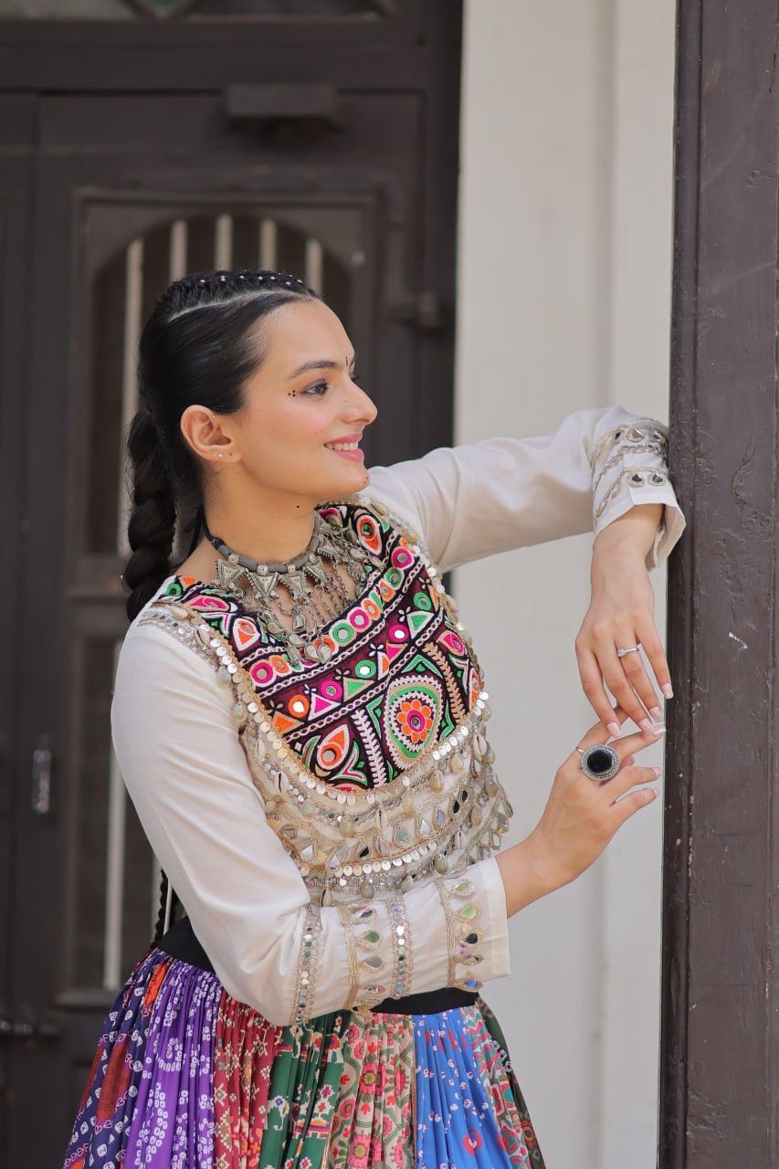 White Color Choli With Multi Color Lehenga For Navratri Wear