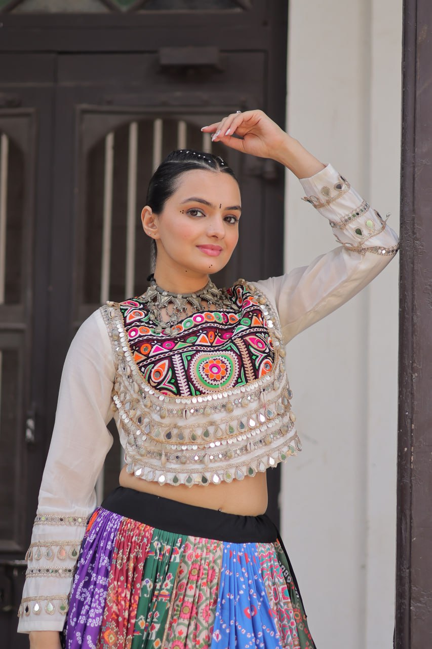 White Color Choli With Multi Color Lehenga For Navratri Wear