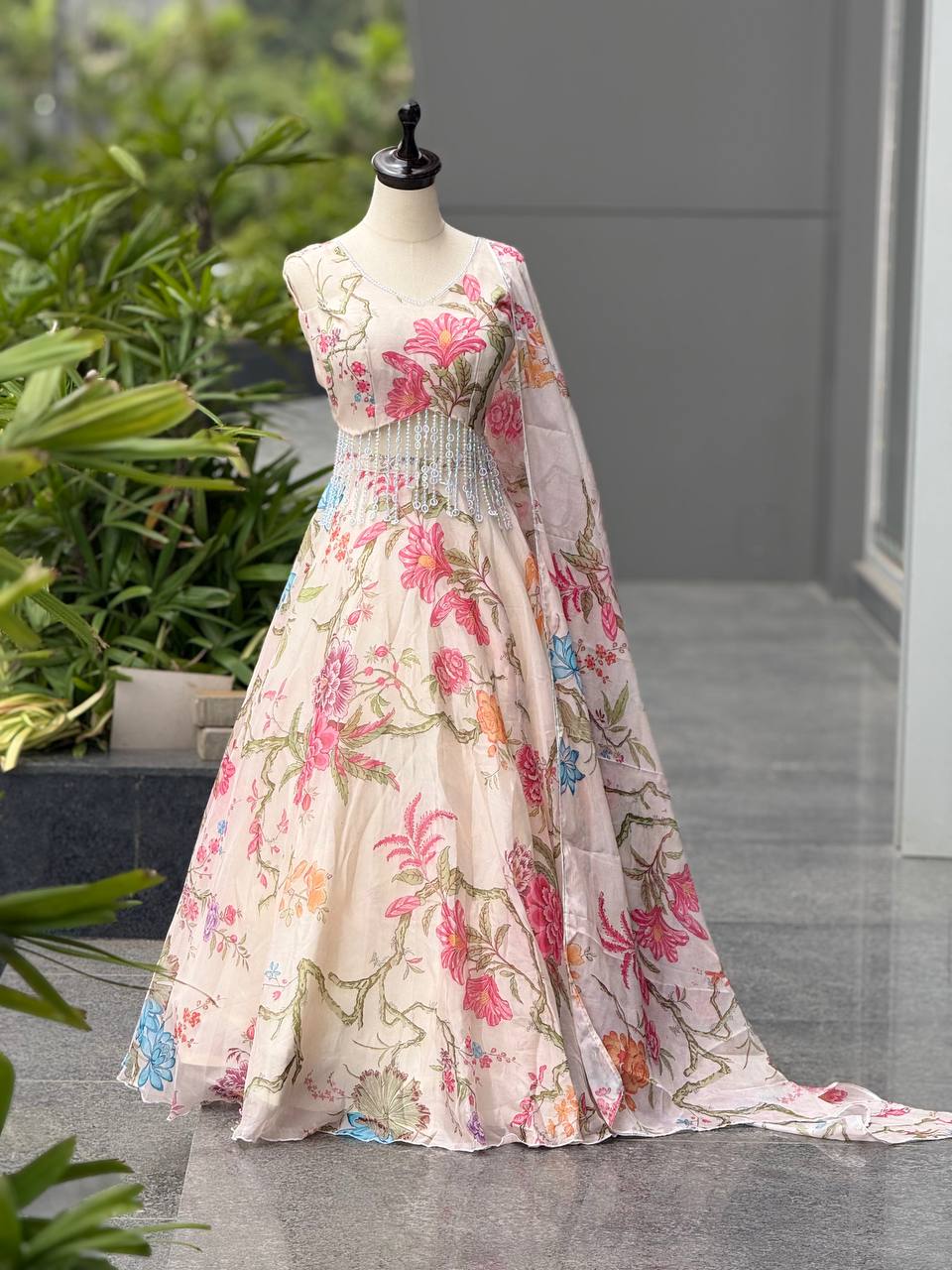 Fancy White Color Organza Digital Printed Lehenga