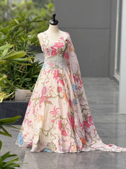 Fancy White Color Organza Digital Printed Lehenga