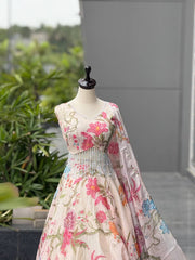 Fancy White Color Organza Digital Printed Lehenga