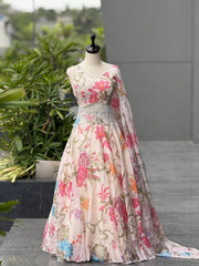 Fancy White Color Organza Digital Printed Lehenga