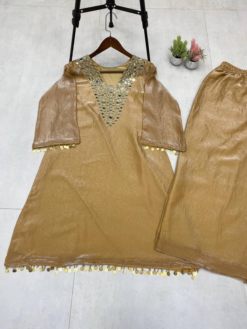 Gorgeous Brown Color Embroidery Work Palazzo Suit