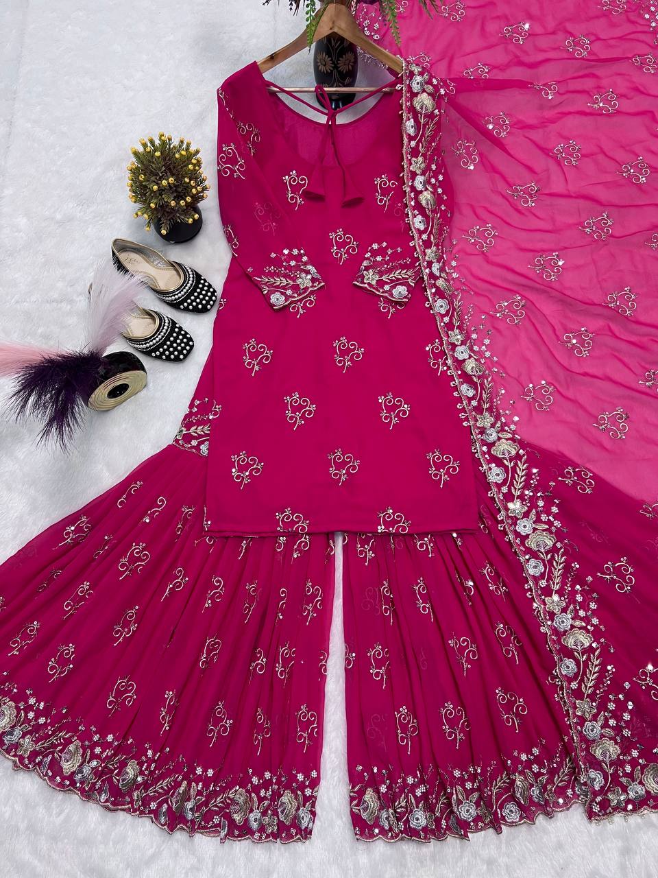 Trendy Pink Color Sequence Work Georgette Sharara Suit