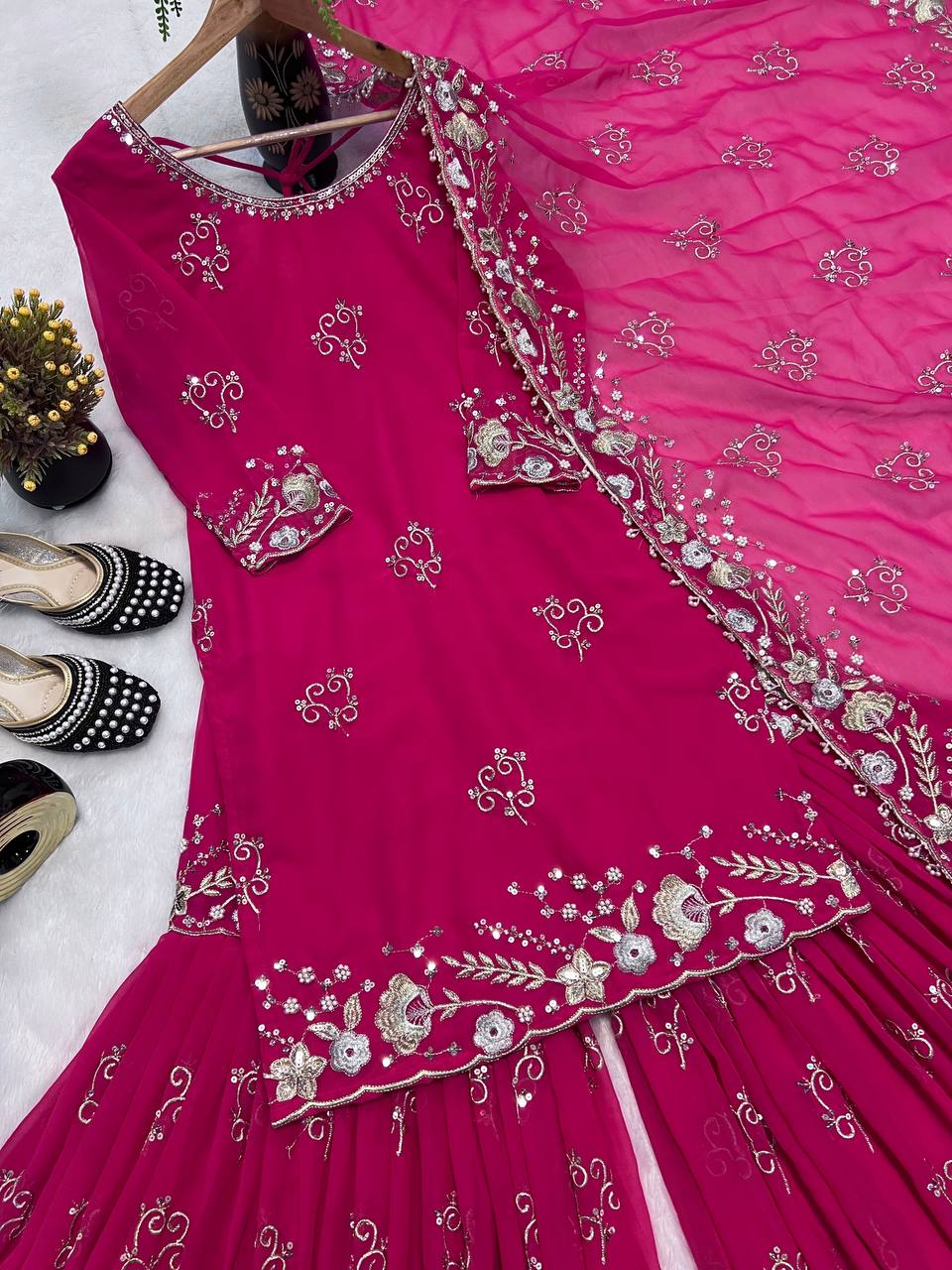 Trendy Pink Color Sequence Work Georgette Sharara Suit