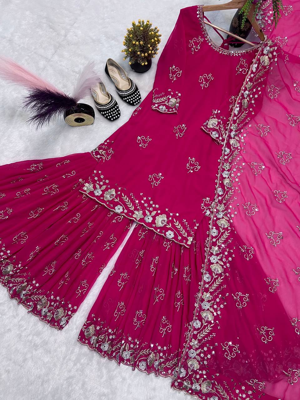 Trendy Pink Color Sequence Work Georgette Sharara Suit