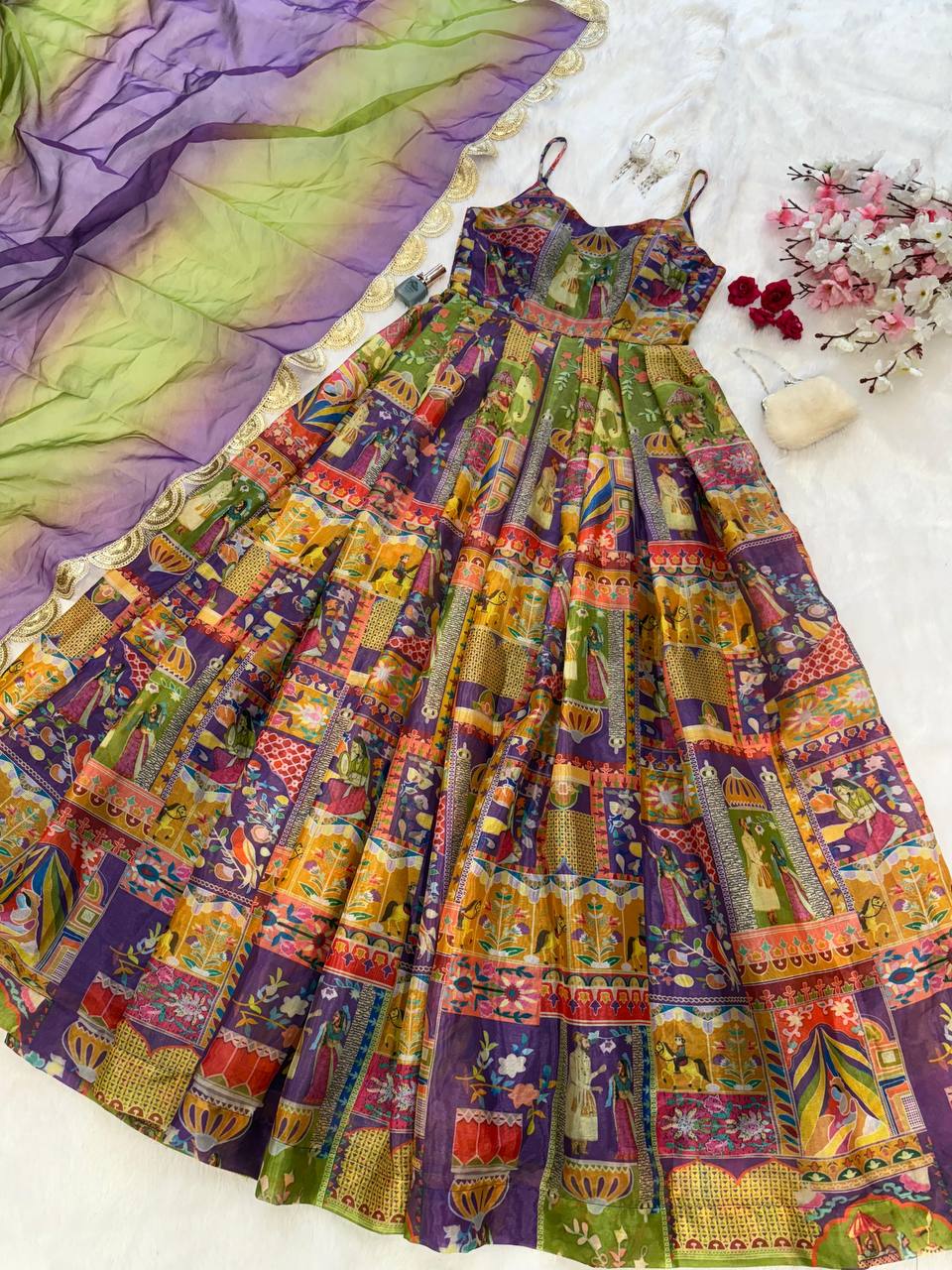 Multi Design With Maroon Organza Digital Printed  Anarkali Gown