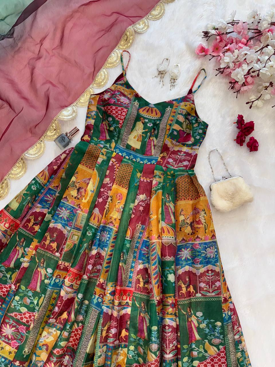 Multi Design With Maroon Organza Digital Printed  Anarkali Gown