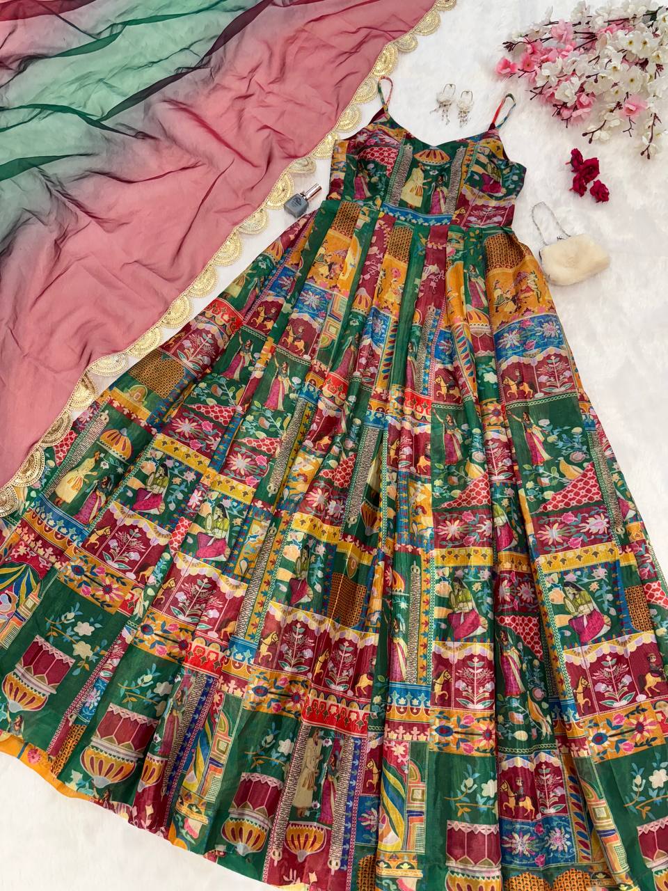 Multi Design With Maroon Organza Digital Printed  Anarkali Gown