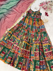 Multi Design With Maroon Organza Digital Printed  Anarkali Gown