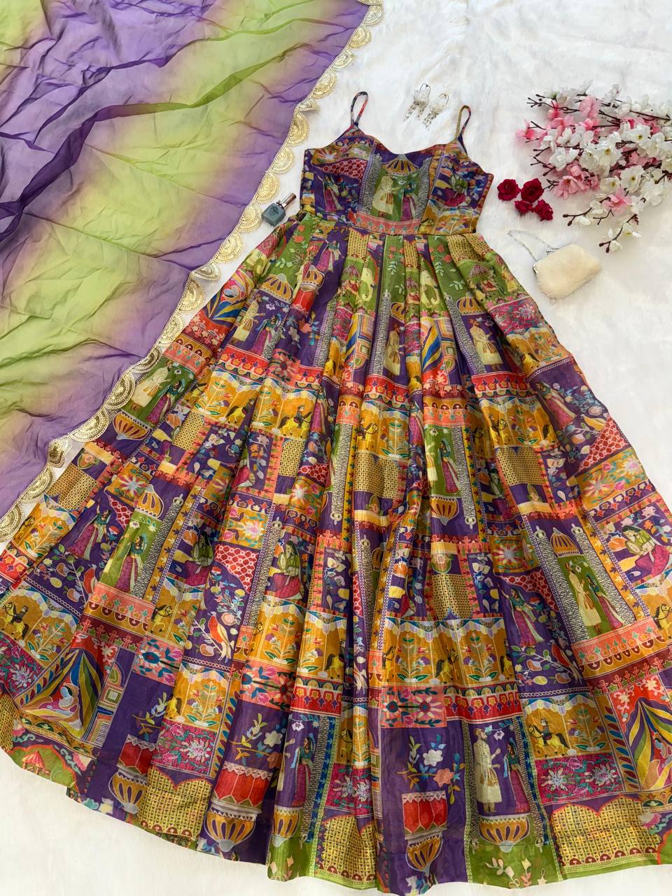 Multi Design With Maroon Organza Digital Printed  Anarkali Gown