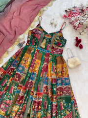 Multi Design With Maroon Organza Digital Printed  Anarkali Gown