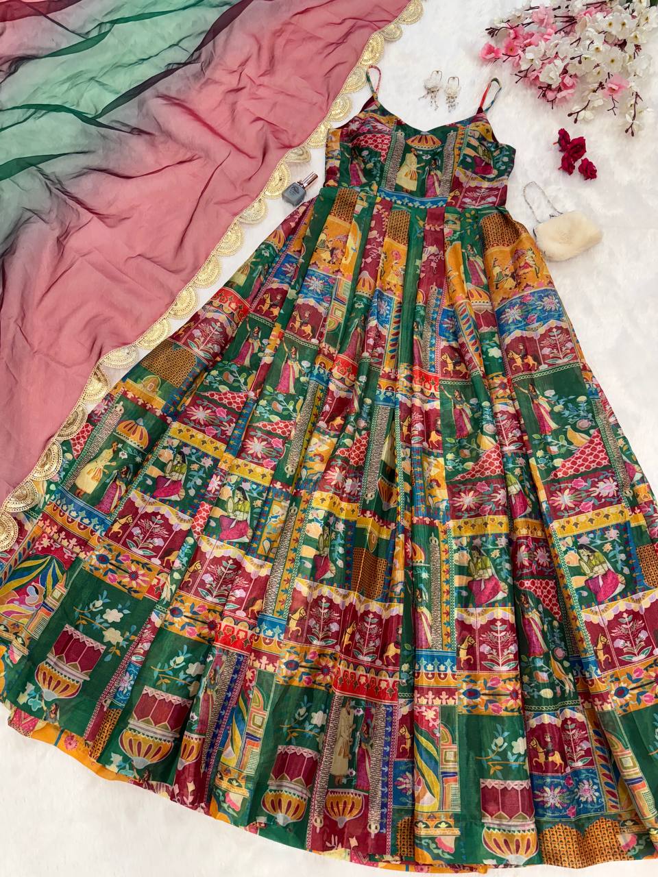 Multi Design With Maroon Organza Digital Printed  Anarkali Gown
