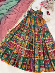 Multi Design With Maroon Organza Digital Printed  Anarkali Gown