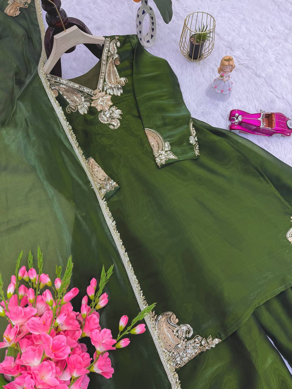 Awesome Green Color Embroidery Work Sharara Suit
