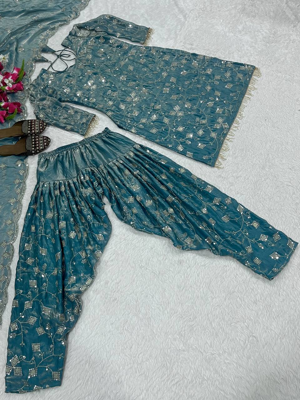 Lovely Teal Blue Color Sequence Work Dhoti Suit