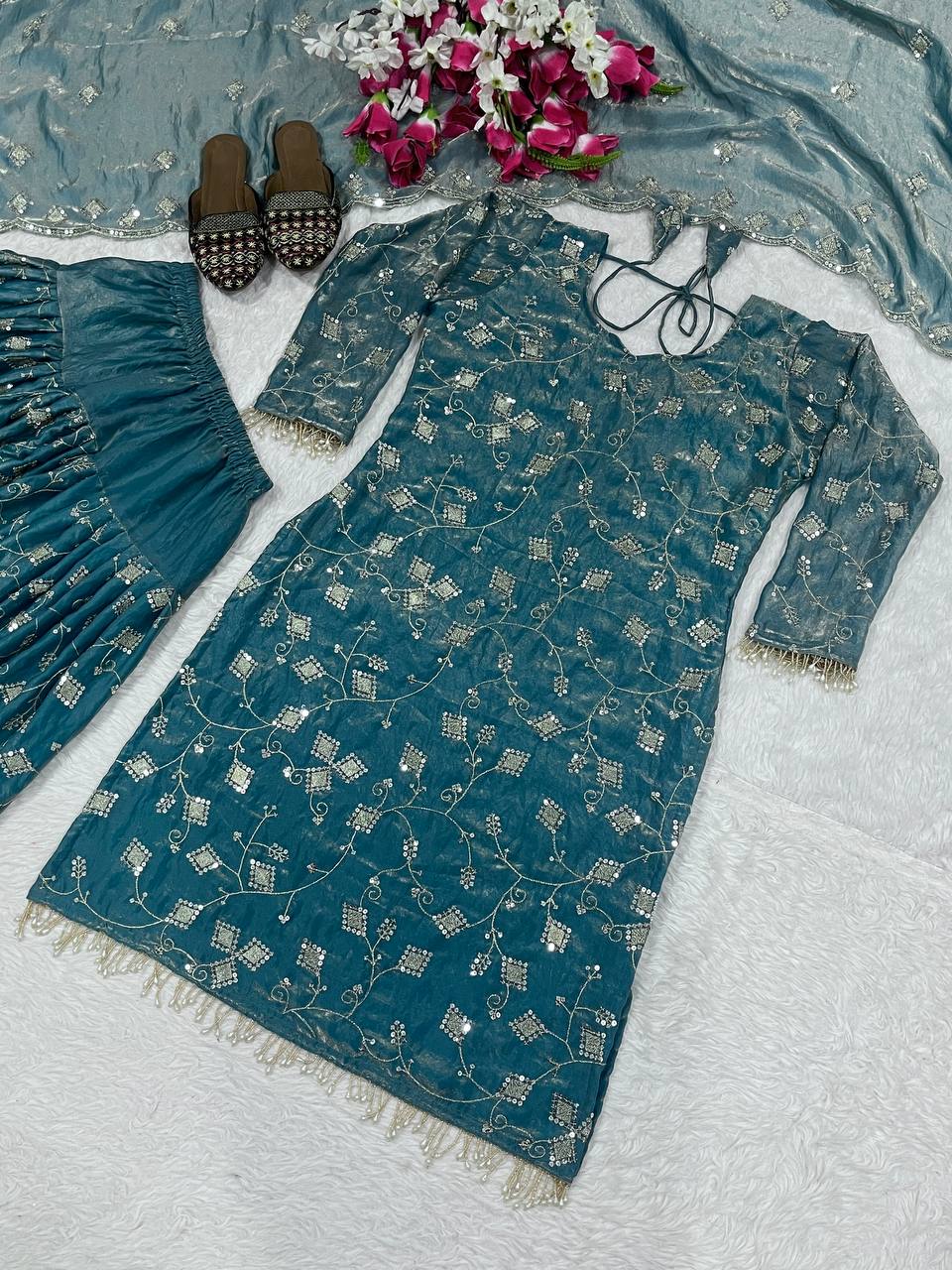 Lovely Teal Blue Color Sequence Work Dhoti Suit