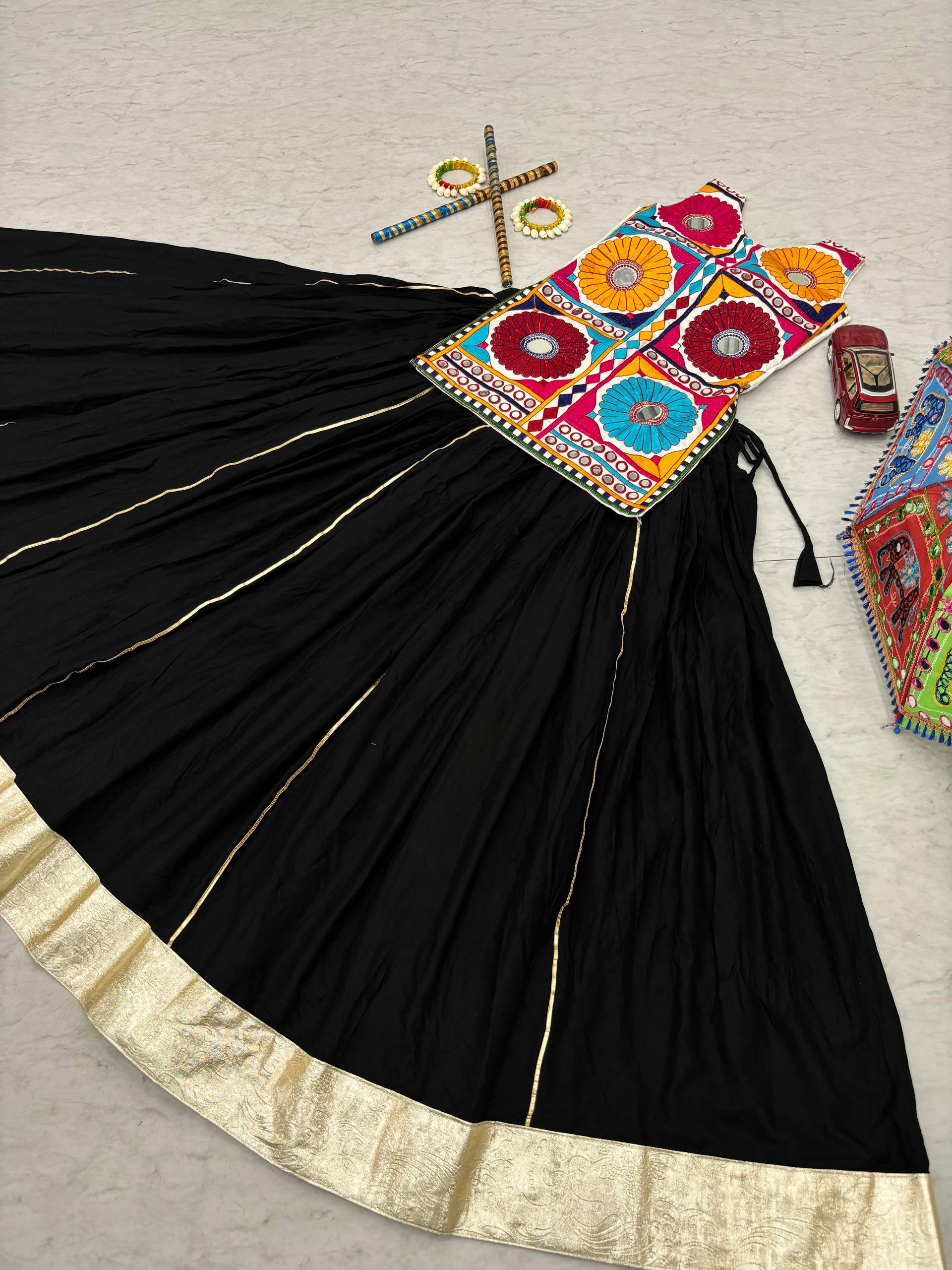 Exotic Black Cotton Gamthi Work Lehenga For Navratri