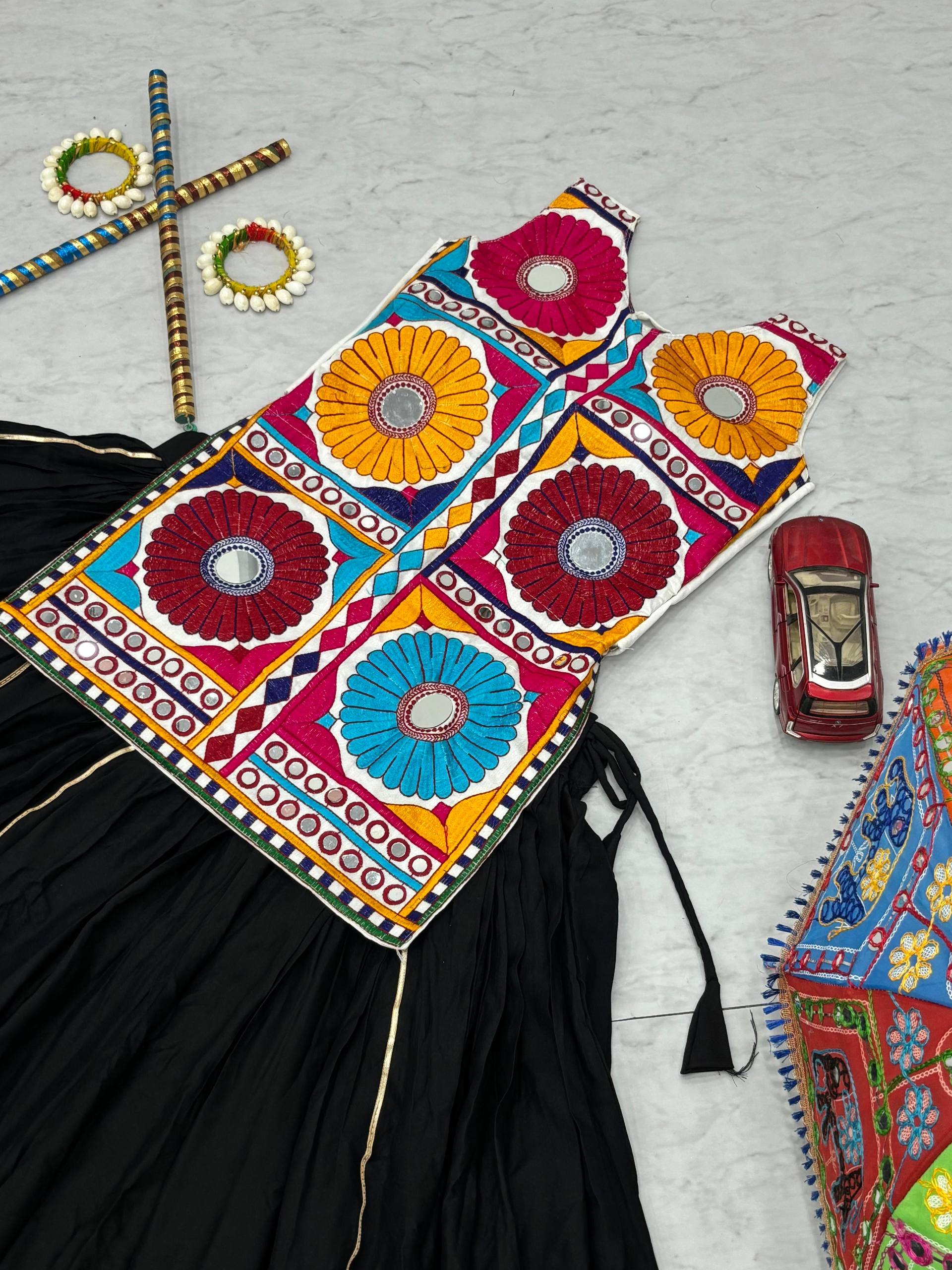 Exotic Black Cotton Gamthi Work Lehenga For Navratri
