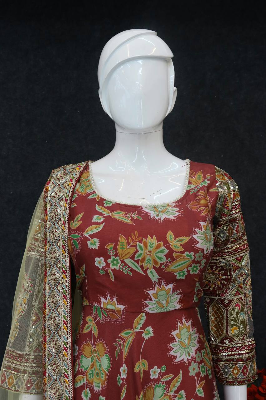 Fancy Red Color Sequins With Embroidery Work Gown