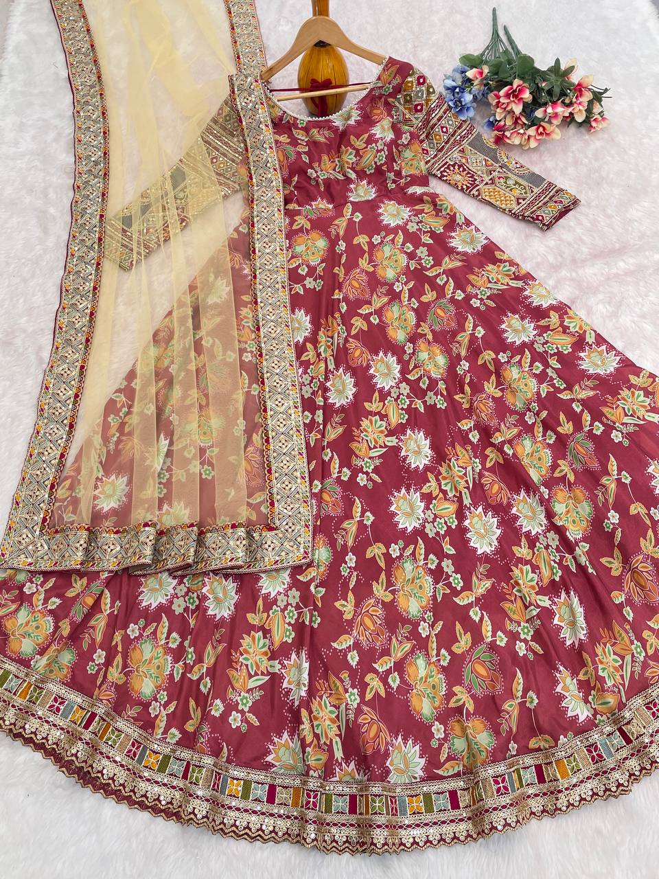 Fancy Red Color Sequins With Embroidery Work Gown