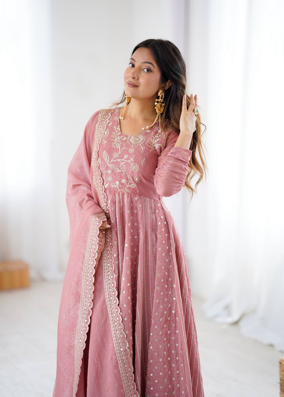 Designer Pink Crunchy Silk Sequence Work Gown