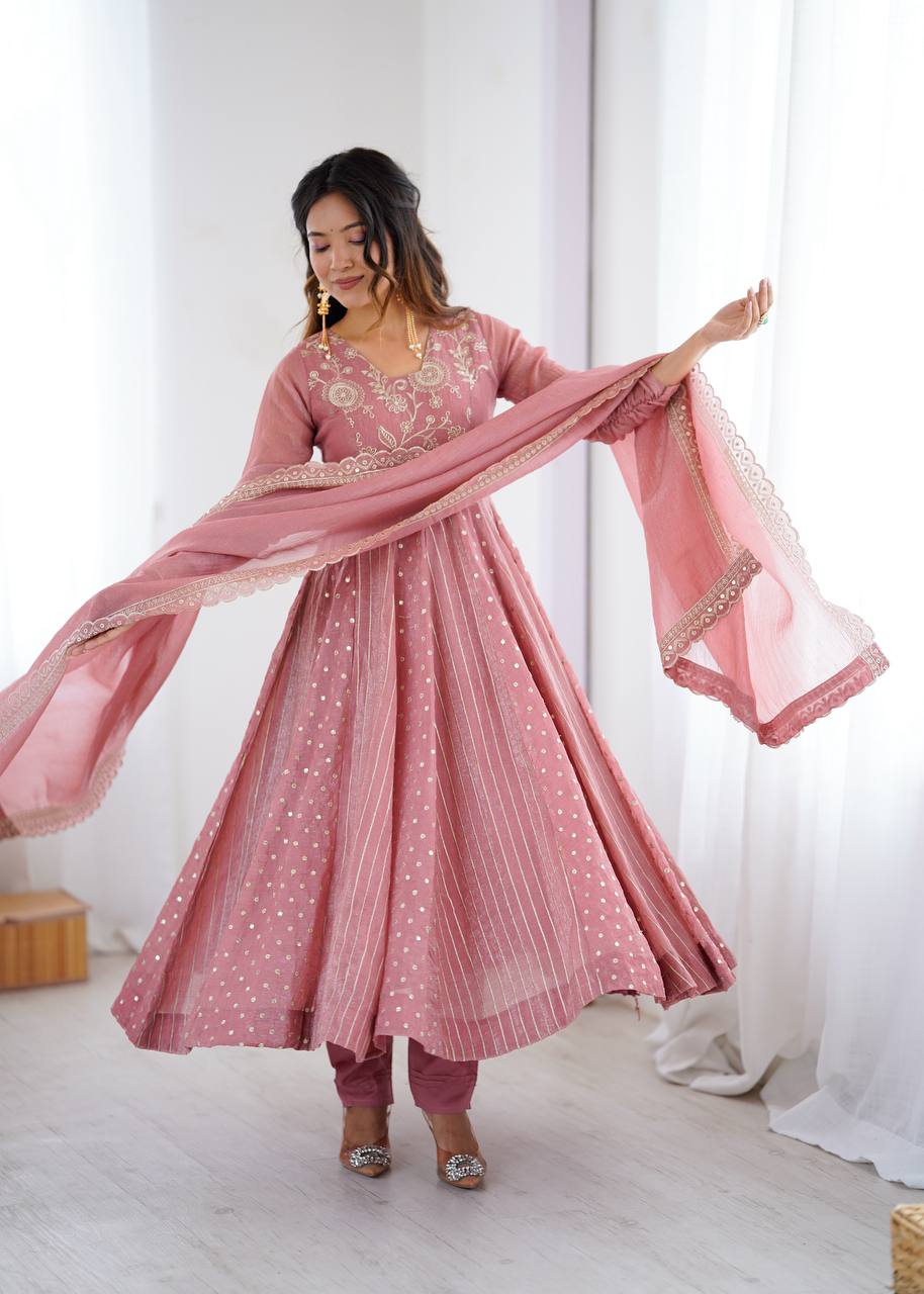 Designer Pink Crunchy Silk Sequence Work Gown