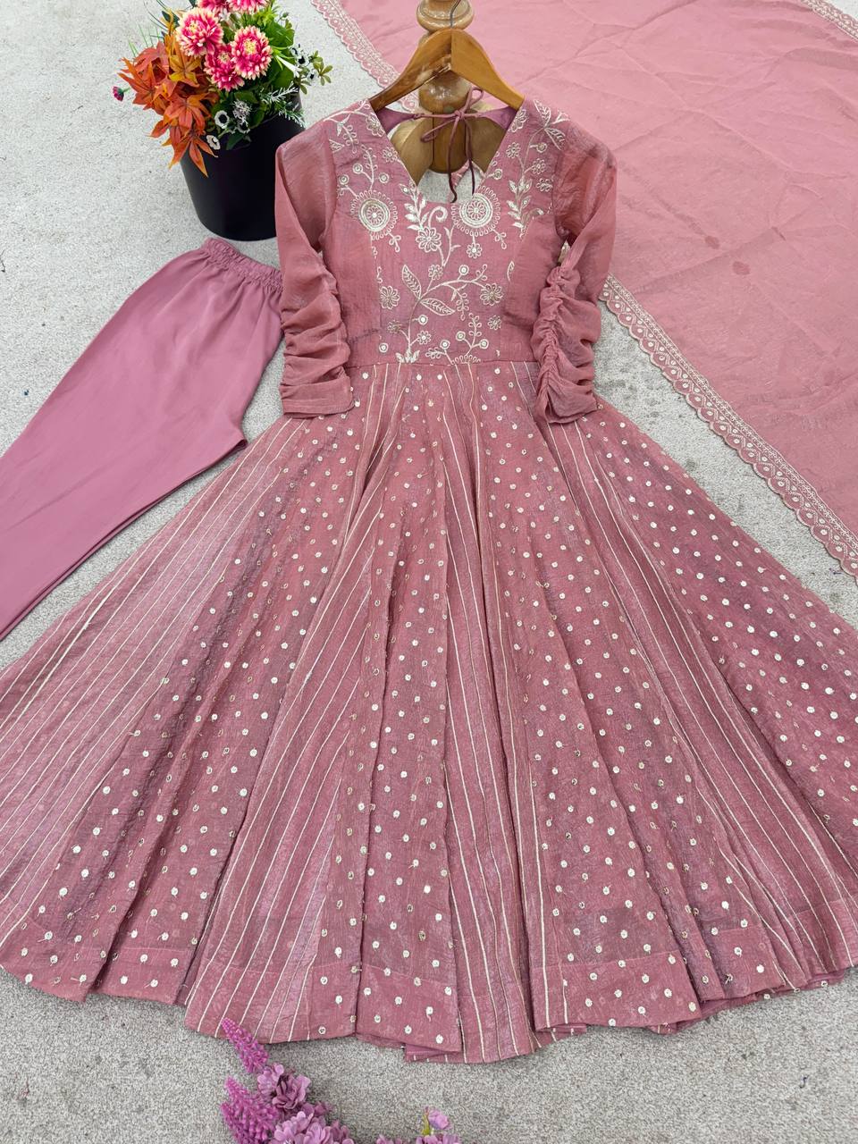 Designer Pink Crunchy Silk Sequence Work Gown