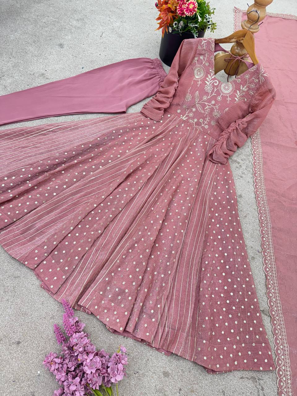 Designer Pink Crunchy Silk Sequence Work Gown