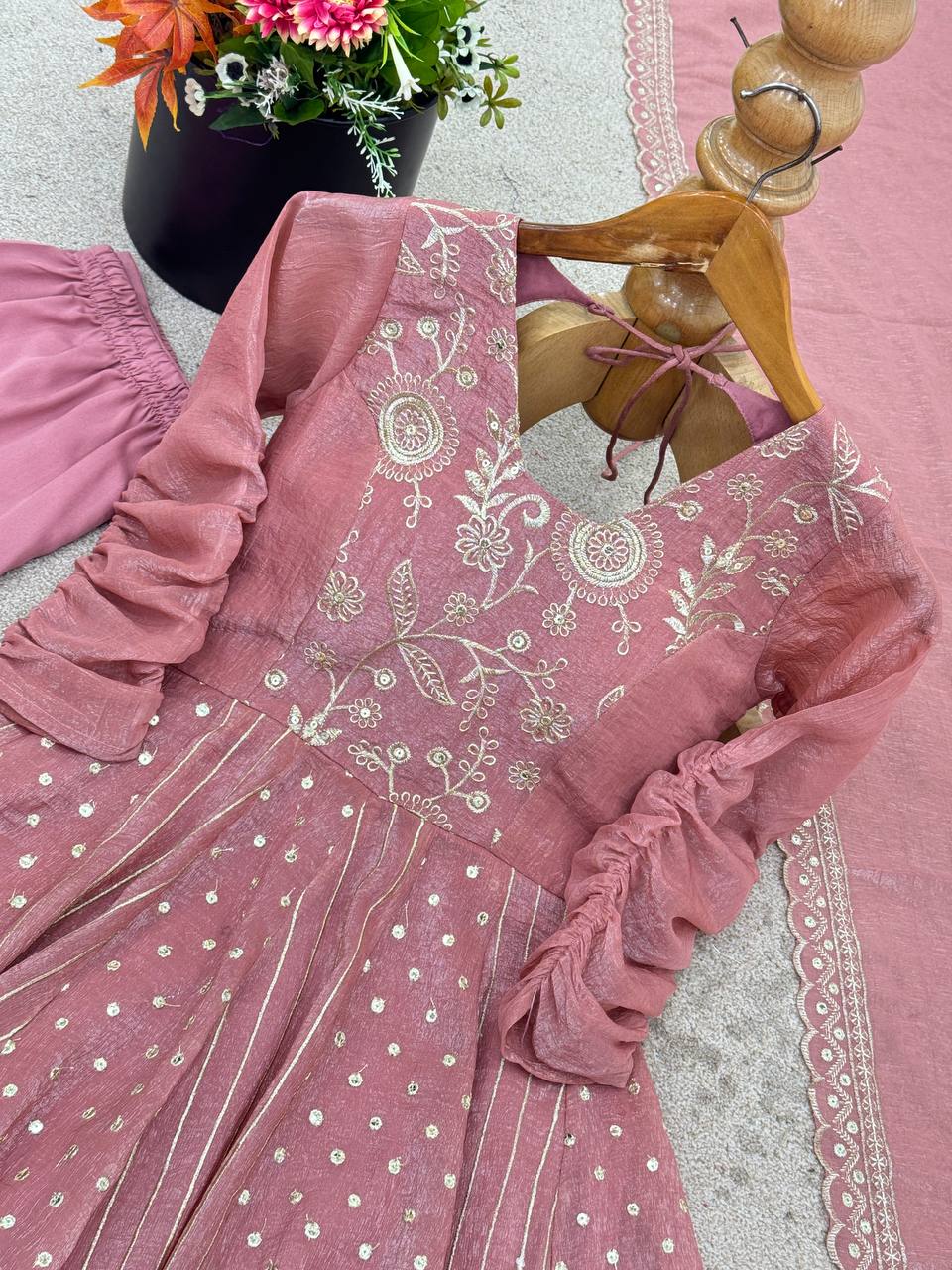 Designer Pink Crunchy Silk Sequence Work Gown