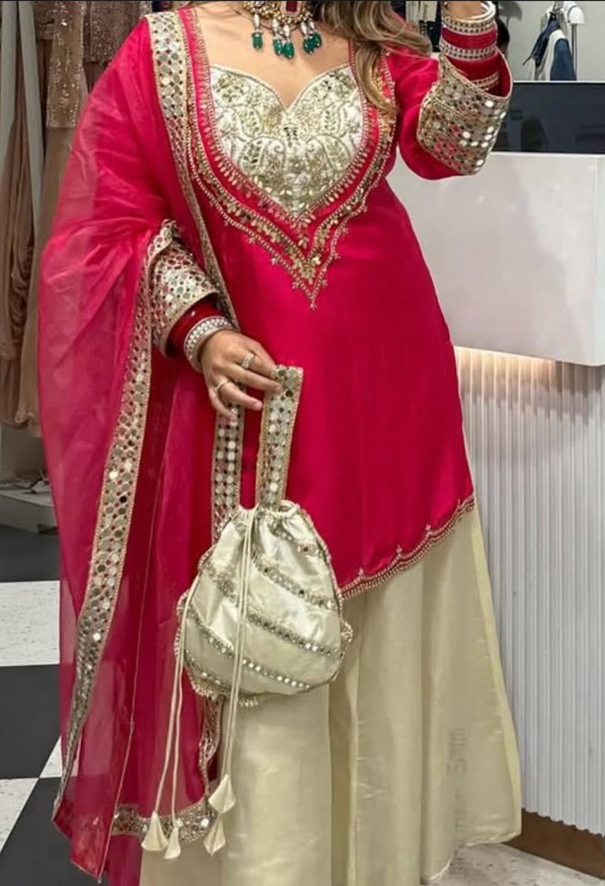 Charming Pink Crepe Mirror Work Palazzo Suit