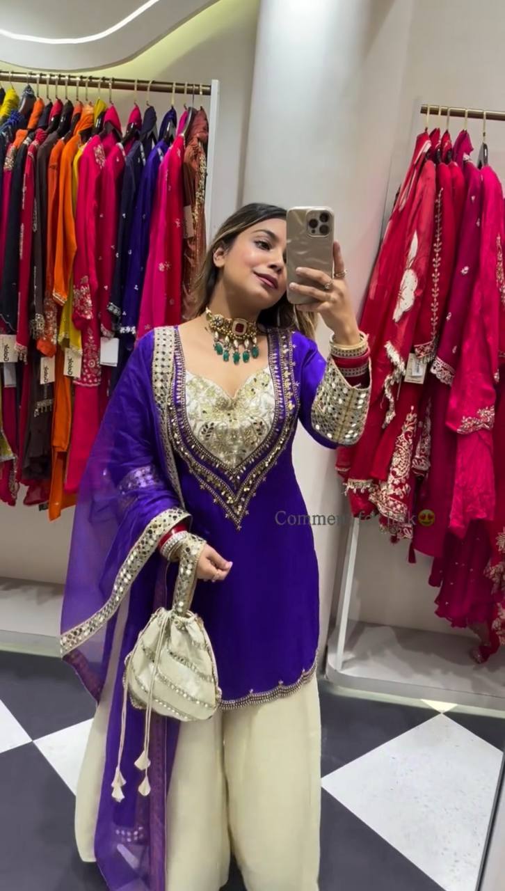 Charming Pink Crepe Mirror Work Palazzo Suit