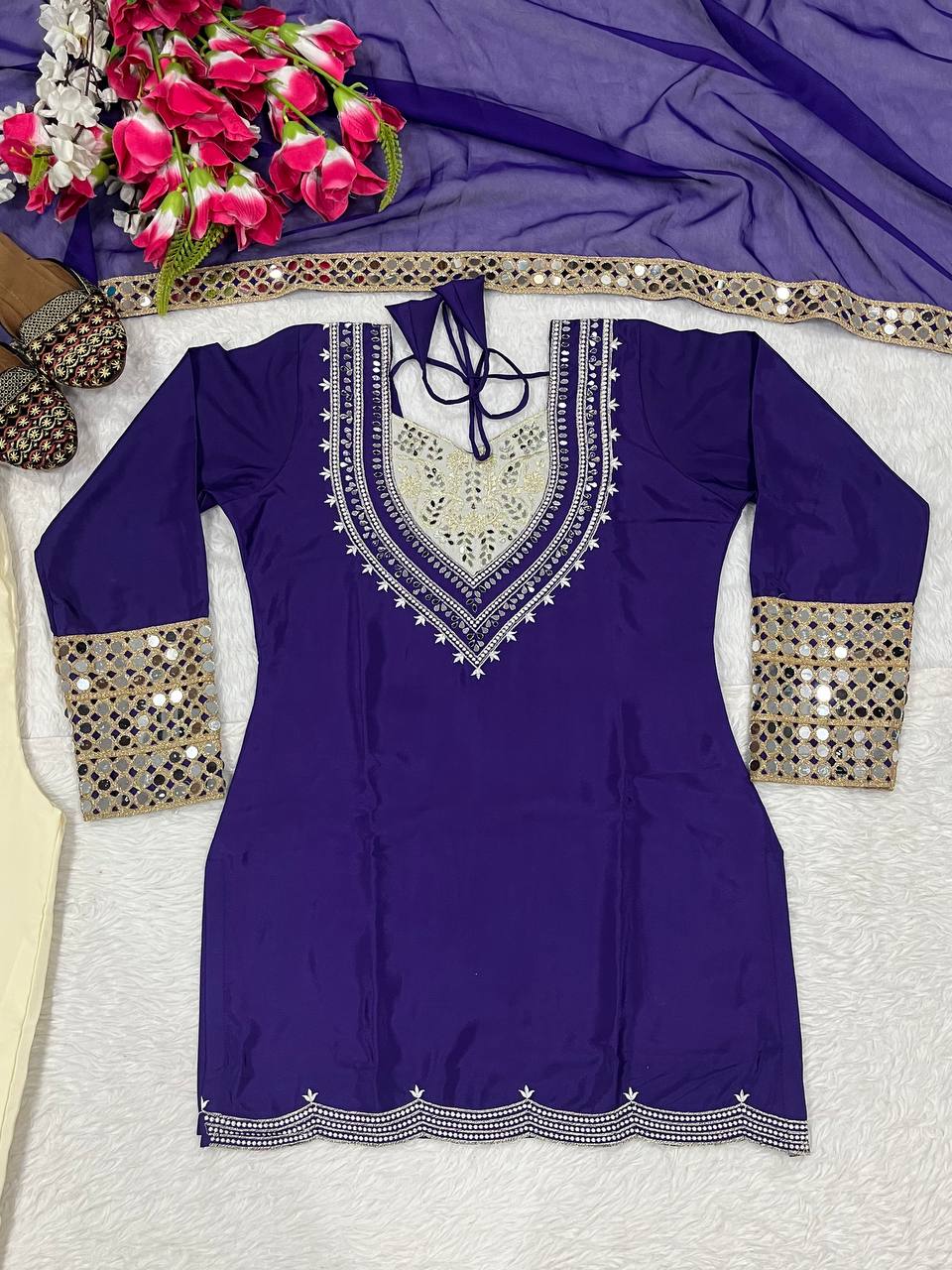 Charming Pink Crepe Mirror Work Palazzo Suit