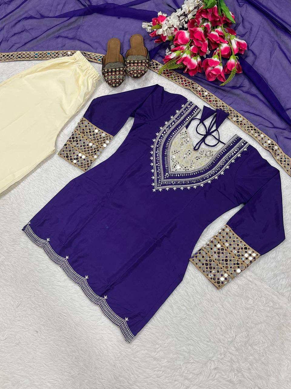 Charming Pink Crepe Mirror Work Palazzo Suit