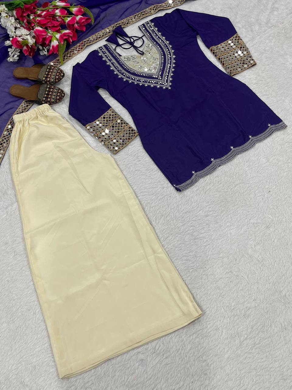 Charming Pink Crepe Mirror Work Palazzo Suit