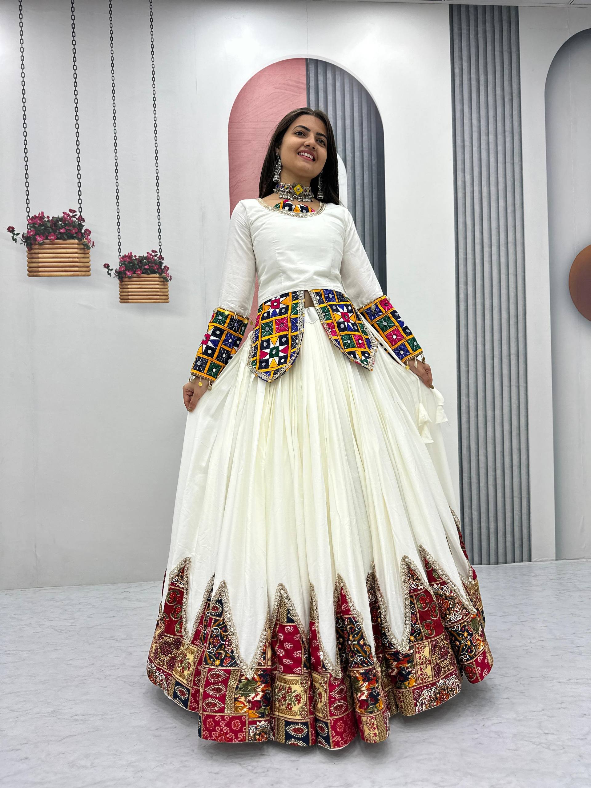 Lovely White Cotton Gamthi Work Lehenga Choli
