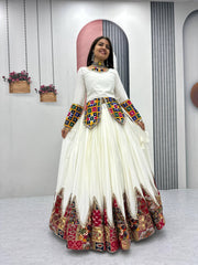 Lovely White Cotton Gamthi Work Lehenga Choli