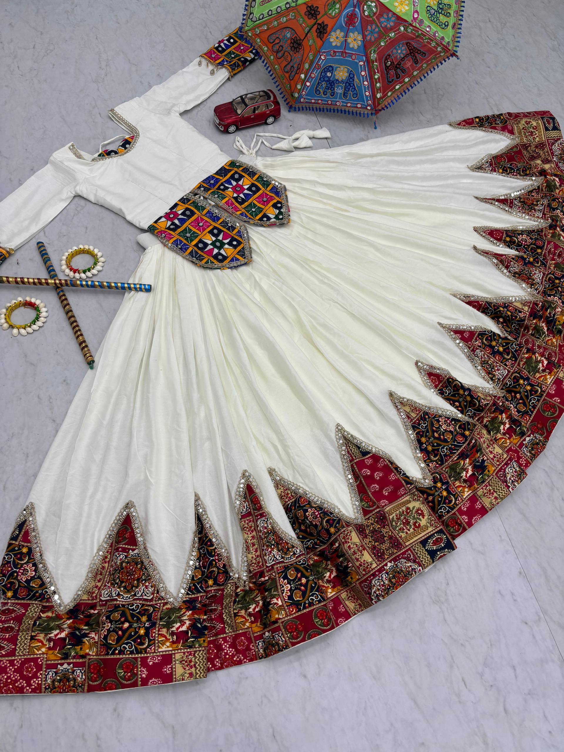Lovely White Cotton Gamthi Work Lehenga Choli