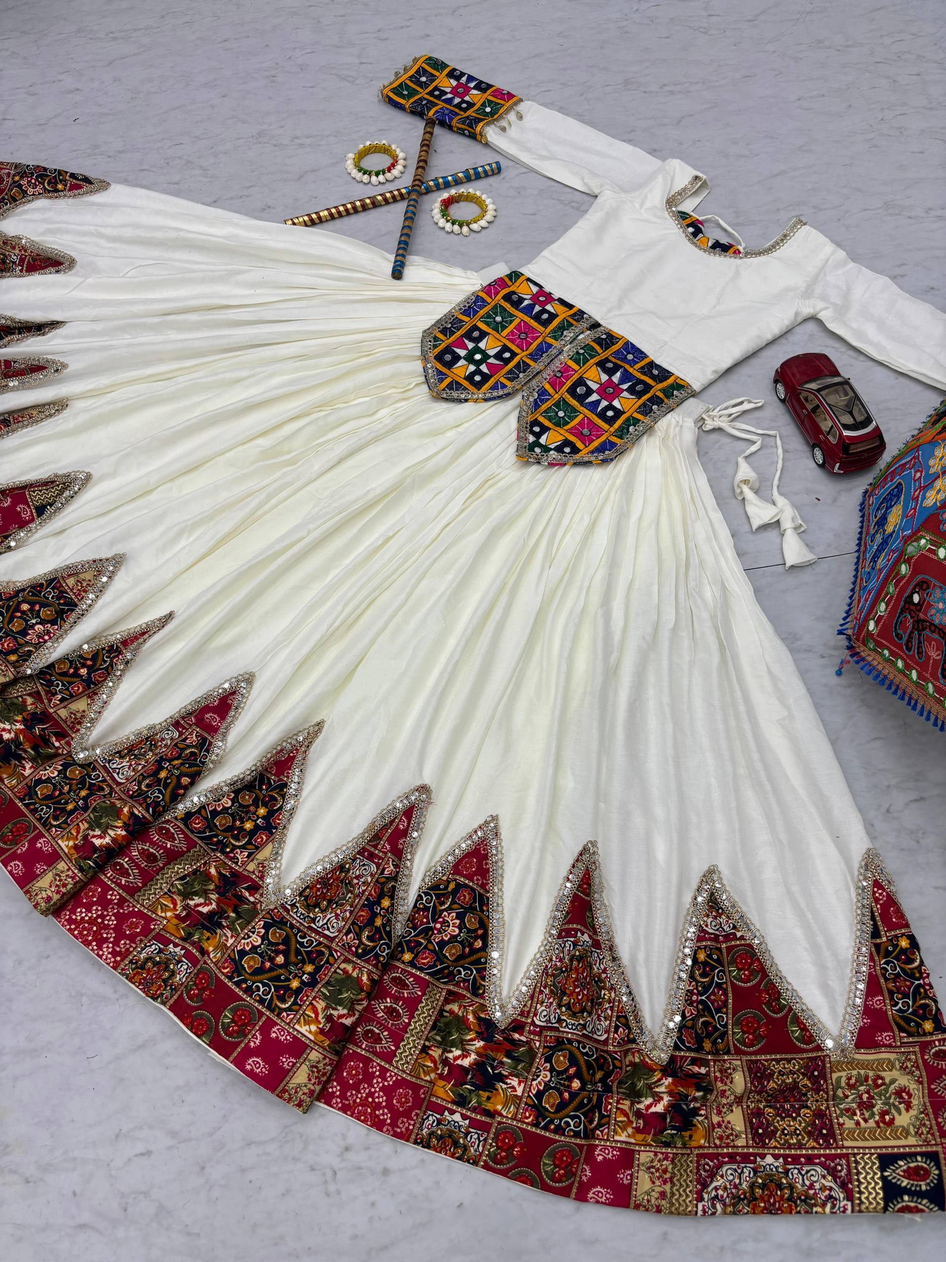 Lovely White Cotton Gamthi Work Lehenga Choli