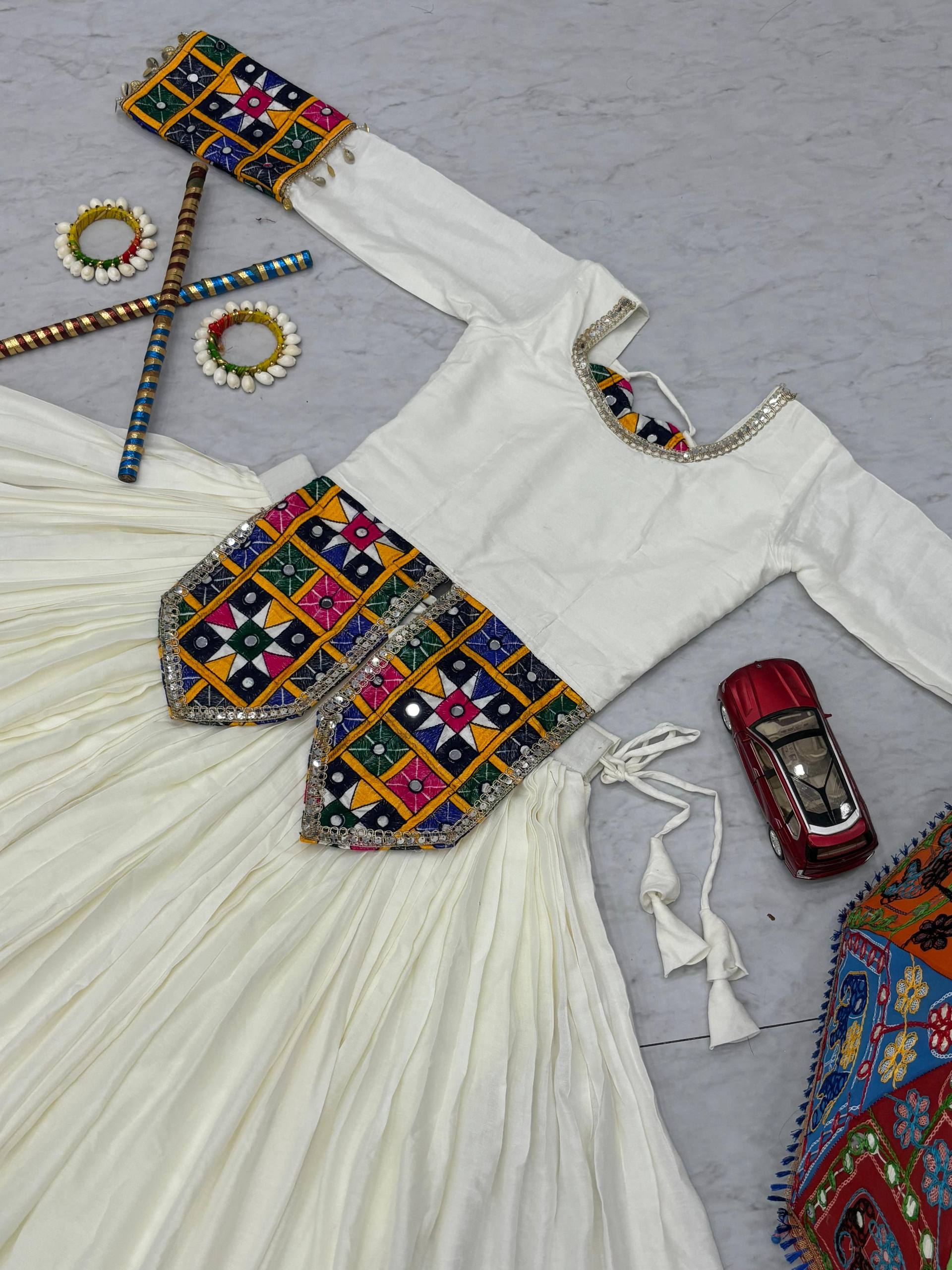 Lovely White Cotton Gamthi Work Lehenga Choli