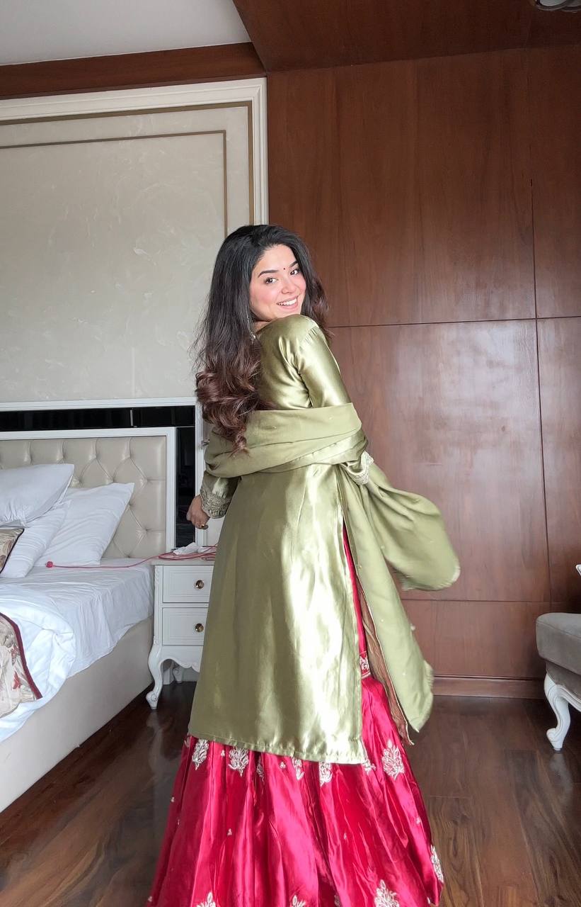 Stylish Moss Satin Sequence Work Sharara Suit