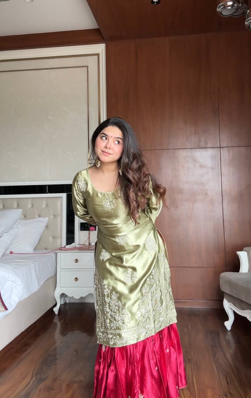 Stylish Moss Satin Sequence Work Sharara Suit