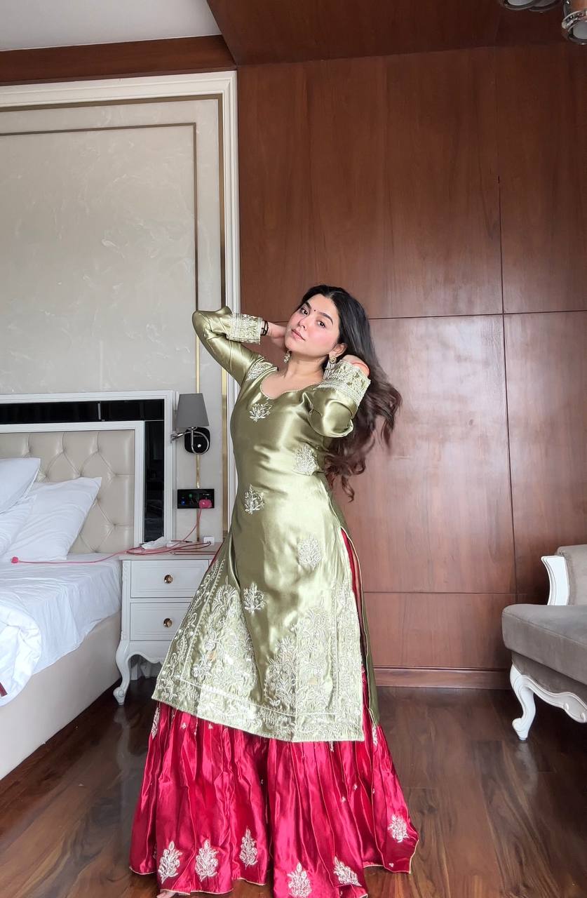 Stylish Moss Satin Sequence Work Sharara Suit