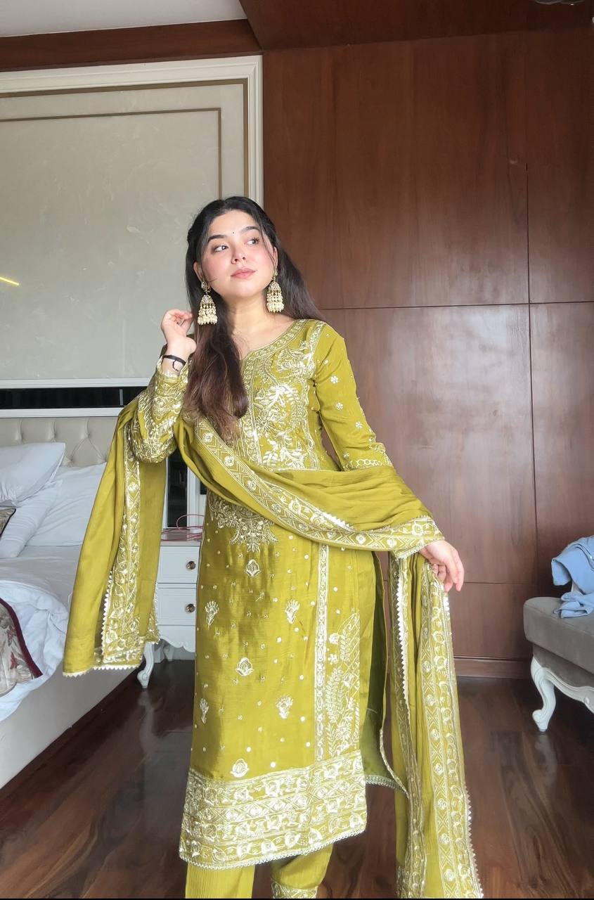 Awesome Green Chinon with Sequence Work Sharara Suit