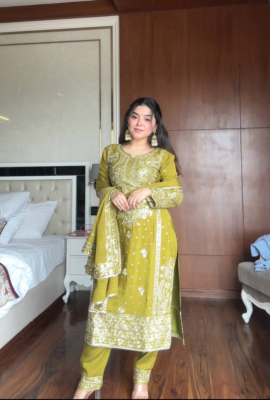 Awesome Green Chinon with Sequence Work Sharara Suit